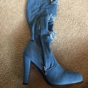 Over-the-knee stressed jean high heap boots